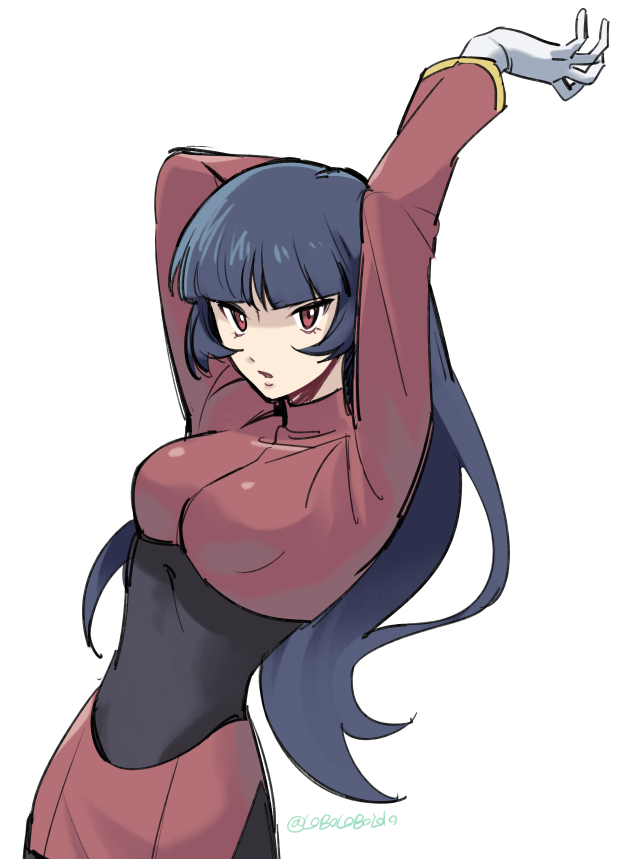 1girl arm_behind_head arm_up black_bodysuit black_hair blunt_bangs bodysuit bodysuit_under_clothes breasts commentary_request cropped_jacket gloves jacket long_hair long_sleeves momoji_(lobolobo2010) parted_lips pokemon pokemon_frlg red_eyes red_jacket red_skirt sabrina_(pokemon) side_slit simple_background skirt solo white_background white_gloves