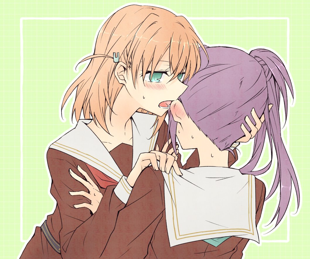 2girls aqua_eyes aqua_neckerchief biting blush brown_dress cerise_bouquet collarbone crossed_bangs dress ear_biting ear_blush green_background grid_background hair_bun hair_ornament hair_over_shoulder hand_on_another's_head hand_on_another's_shoulder hands_on_another's_arms hasu_no_sora_school_uniform hinoshita_kaho link!_like!_love_live! lone_nape_hair long_hair long_sleeves love_live! lower_teeth_only medium_hair multiple_girls neckerchief nigirimeshi open_mouth orange_hair otomune_kozue outline purple_hair rabbit_hair_ornament red_neckerchief sailor_collar sailor_dress school_uniform side_ahoge side_ponytail sidelocks single_side_bun sweat teeth upper_body white_outline white_sailor_collar winter_uniform yuri