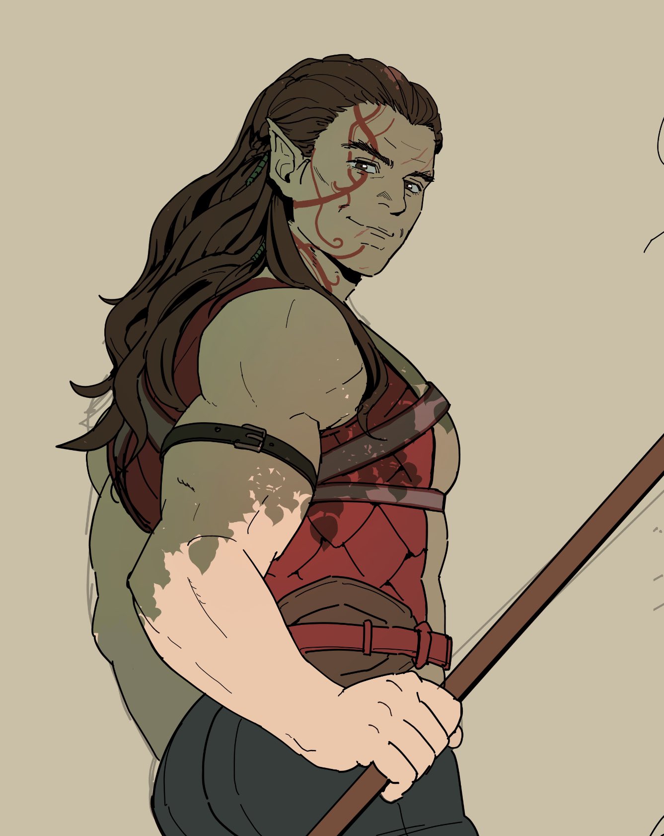 10tnt_(dextnt711) 1boy alternate_hair_length alternate_hairstyle ass baldur's_gate baldur's_gate_3 bara brown_hair cowboy_shot dungeons_and_dragons elf from_side halsin highres holdimg long_hair looking_at_viewer male_focus mature_male muscular muscular_male pectorals pointy_ears sleeveless smile solo standing thick_eyebrows tree_shade