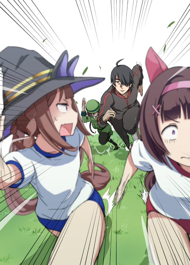 1boy 3girls araragi_koyomi buruma commentary_request grass hair_ornament hair_over_one_eye hat hayakawa_tazuna headband horse_girl long_hair monogatari_(series) motion_lines multiple_girls nishino_flower_(umamusume) pc_fworks running scared short_hair sweep_tosho_(umamusume) umamusume white_background witch_hat x_hair_ornament