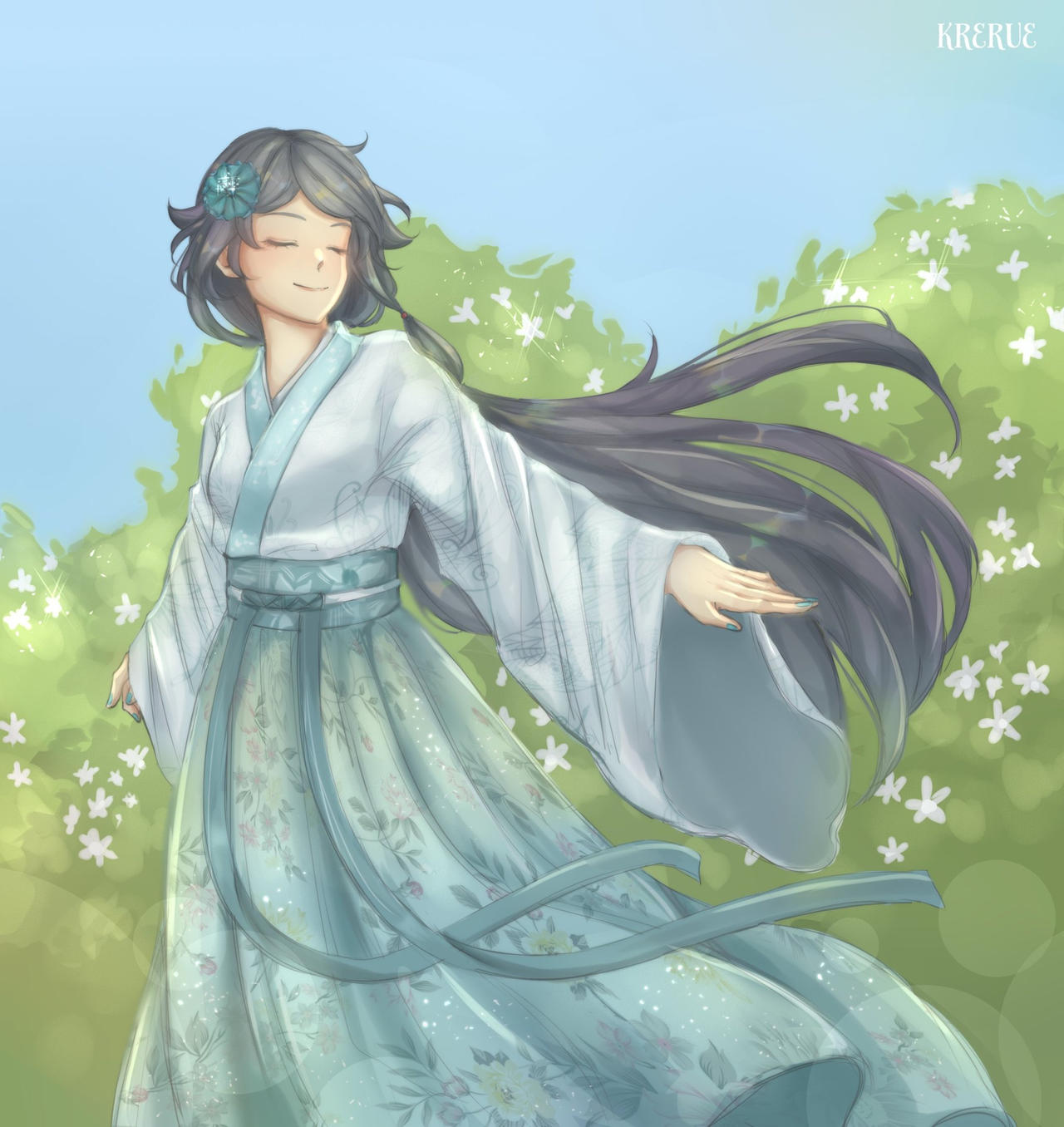 1girl alternate_costume aqua_flower blue_background blue_hair blue_sky china_dress chinese_clothes closed_eyes closed_mouth dress flower fu_hua green_dress green_hanfu green_rope green_sash grey_hair hair_between_eyes hair_flower hair_ornament hanfu highres honkai_(series) honkai_impact_3rd krerue long_dress long_hair long_sleeves low-tied_long_hair low_ponytail ponytail rope sash sky smile solo tree white_flower