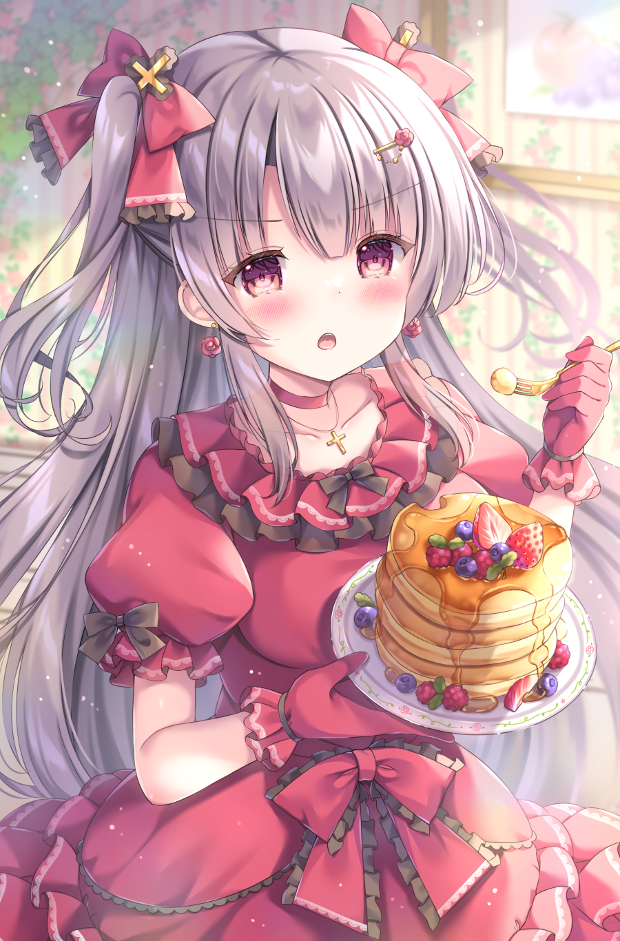 1girl black_bow blueberry blush bow breasts butter choker dress earrings flower flower_earrings food fork fruit grey_hair hair_bow highres holding holding_fork holding_plate indoors jewelry kouta. long_hair looking_at_viewer medium_breasts open_mouth original pancake pancake_stack plate puffy_short_sleeves puffy_sleeves raspberry red_bow red_choker red_dress red_eyes red_flower red_rose rose short_sleeves solo strawberry two_side_up very_long_hair