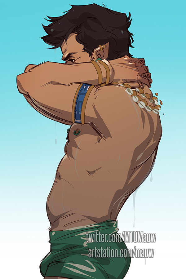 1boy bara black_panther:_wakanda_forever cowboy_shot dark-skinned_male dark_skin earrings from_side green_male_swimwear groin jewelry male_focus male_swimwear mature_male mto namor nipples pectorals pointy_ears profile short_hair solo swim_briefs thick_eyebrows toned toned_male topless_male tribal