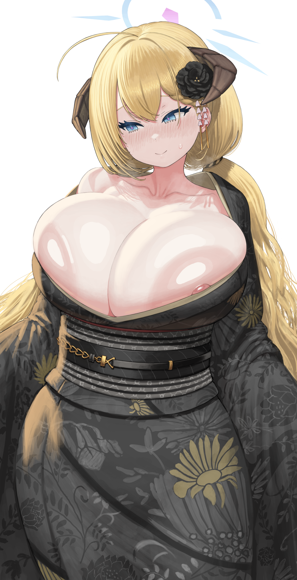 1girl ahoge akari_(blue_archive) areola_slip black_flower black_kimono black_rose blonde_hair blue_archive blue_eyes blush breasts closed_mouth collarbone commentary_request flower hair_between_eyes hair_flower hair_ornament highres horns huge_breasts japanese_clothes kimono maruko_tooto nipple_slip nipples print_kimono rose simple_background smile solo standing white_background wide_sleeves