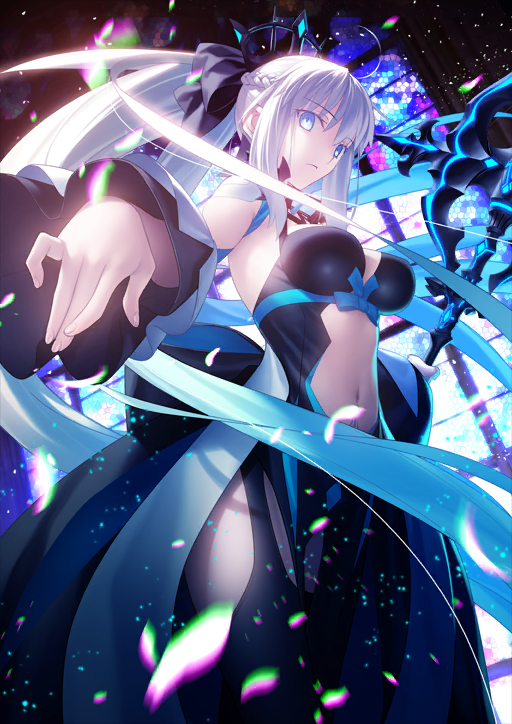 1girl bare_hips breasts cleavage expressionless fate/grand_order fate_(series) long_hair looking_at_viewer medium_breasts midriff morgan_le_fay_(fate) navel official_art solo stomach takeuchi_takashi white_hair