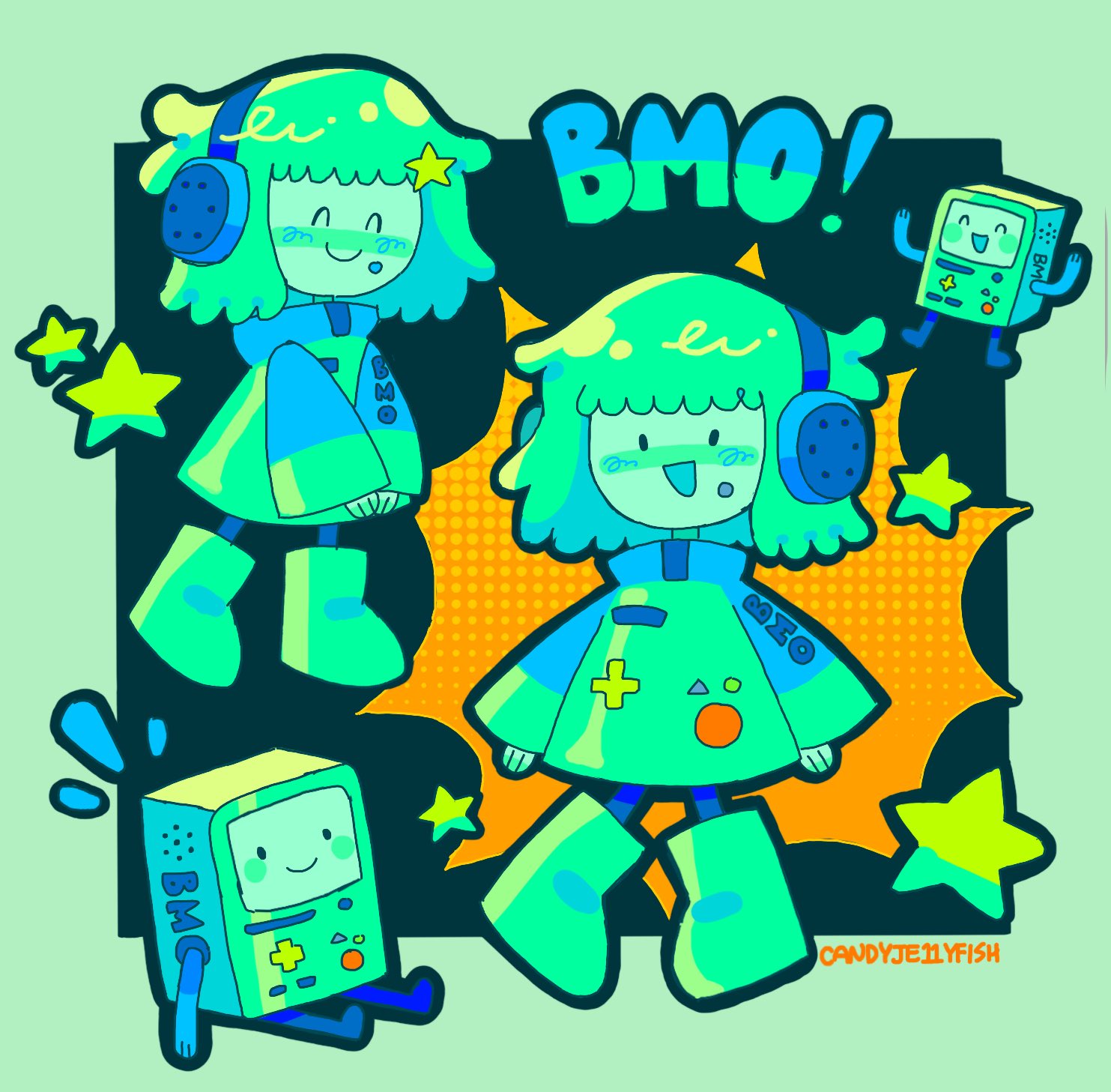1girl adventure_time artist_name bmo boots candyje11yfish character_name colored_skin green_footwear green_hair green_skin hair_ornament headphones highres humanization long_sleeves multiple_views no_nose open_mouth smile star_(symbol) star_hair_ornament wide_sleeves