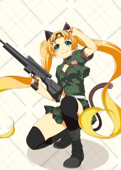 1girl animal_ears atelier-moo blonde_hair cat_ears cat_tail full_body goggles goggles_on_head green_eyes gun holding holding_gun holding_weapon long_hair machida_madoka machidake miniskirt rifle scope short_sleeves skirt sniper_rifle solo squatting tail thighs twintails weapon zettai_ryouiki