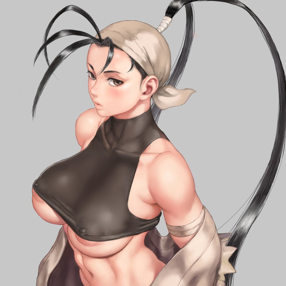 1girl antenna_hair areola_slip bandana bare_shoulders black_hair breasts brown_eyes collarbone covered_nipples dougi hair_pulled_back high_ponytail ibuki_(street_fighter) large_areolae large_breasts long_hair looking_at_viewer muscular muscular_female navel ninja nipple_slip nipples no_bra ponytail shu-mai simple_background solo street_fighter underboob