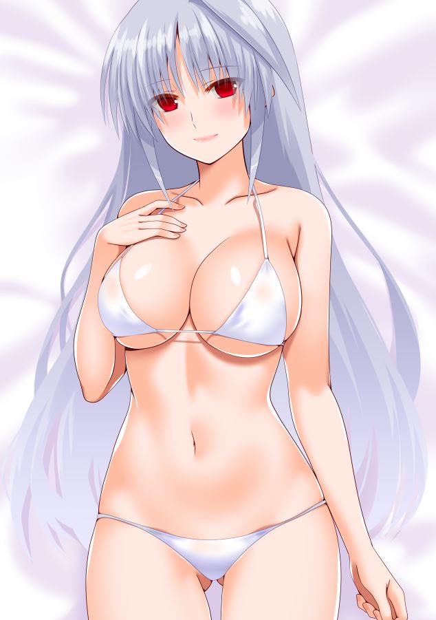1girl bare_shoulders bikini blush breasts cleavage collarbone commentary_request engo_(aquawatery) grey_hair large_breasts long_hair looking_at_viewer lying lyrical_nanoha mahou_shoujo_lyrical_nanoha mahou_shoujo_lyrical_nanoha_a's on_back red_eyes reinforce solo swimsuit very_long_hair white_bikini