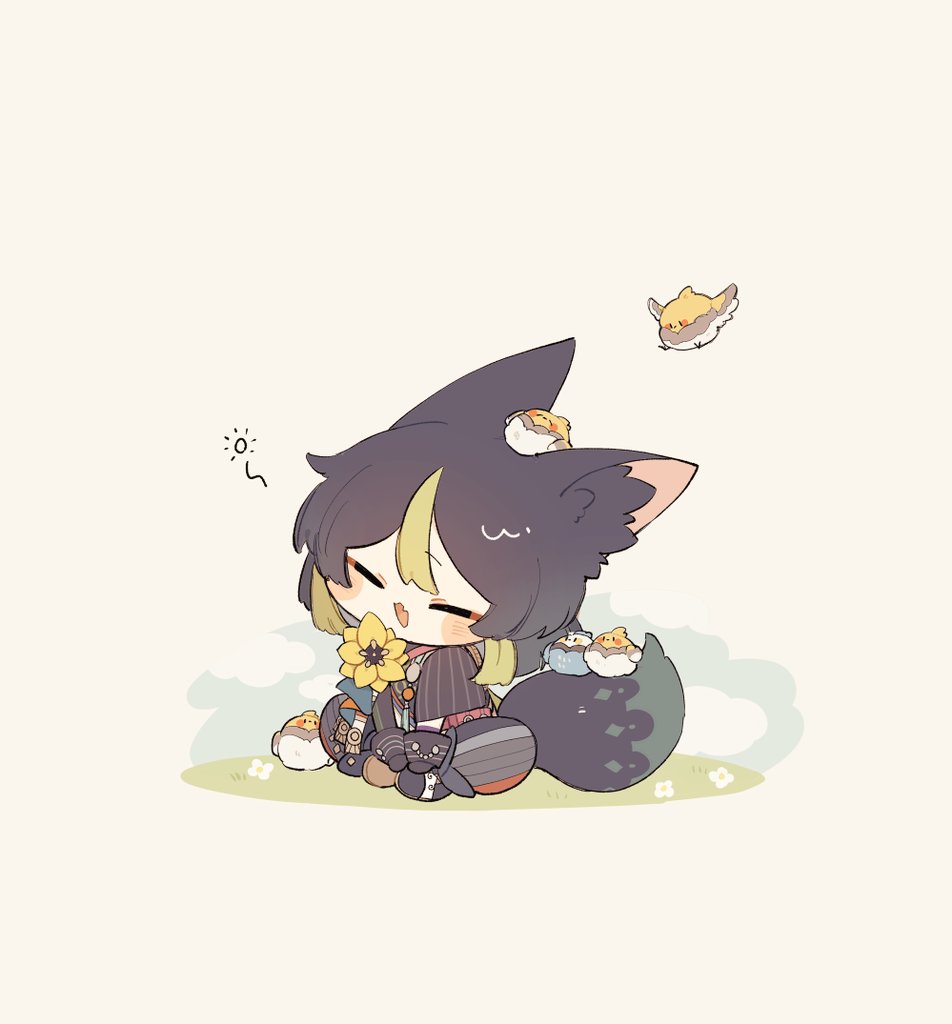 :d ^_^ animal_ear_fluff animal_ears animal_on_head bird bird_on_head bird_on_tail black_gloves black_shirt chibi closed_eyes commentary_request do9_8ni8 fang flower fox_boy fox_ears fox_tail full_body genshin_impact gloves green_hair indian_style long_hair male_focus multicolored_hair on_ground on_head open_mouth pants shirt sitting skin_fang smile solo tail tighnari_(genshin_impact) white_flower yellow_flower