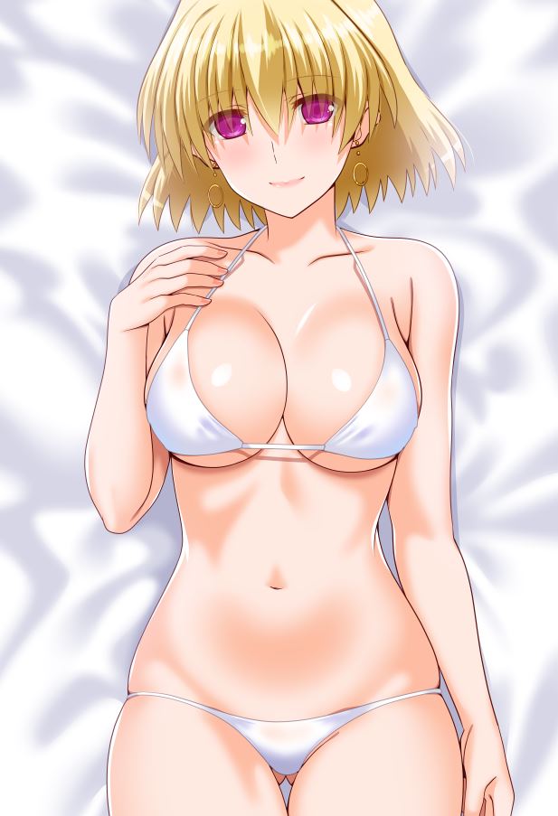 1girl ass_visible_through_thighs bare_shoulders bikini blonde_hair blush breasts cleavage collarbone commentary_request earrings engo_(aquawatery) jewelry large_breasts looking_at_viewer lying lyrical_nanoha midriff navel purple_eyes shamal short_hair smile solo swimsuit white_bikini