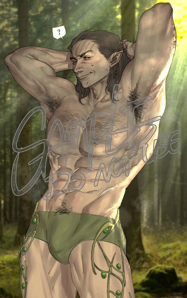 1boy ? abs armpits arms_behind_head baldur's_gate baldur's_gate_3 bara blush briefs brown_hair bulge cowboy_shot dark-skinned_male dark_skin dungeons_and_dragons elf forest green_male_underwear hairy halsin large_pectorals male_focus male_underwear mature_male medium_hair muscular muscular_male nature navel navel_hair nipples pectorals pointy_ears poopvirus solo sparse_chest_hair sparse_navel_hair spoken_question_mark standing stomach sunlight thick_eyebrows topless_male underwear