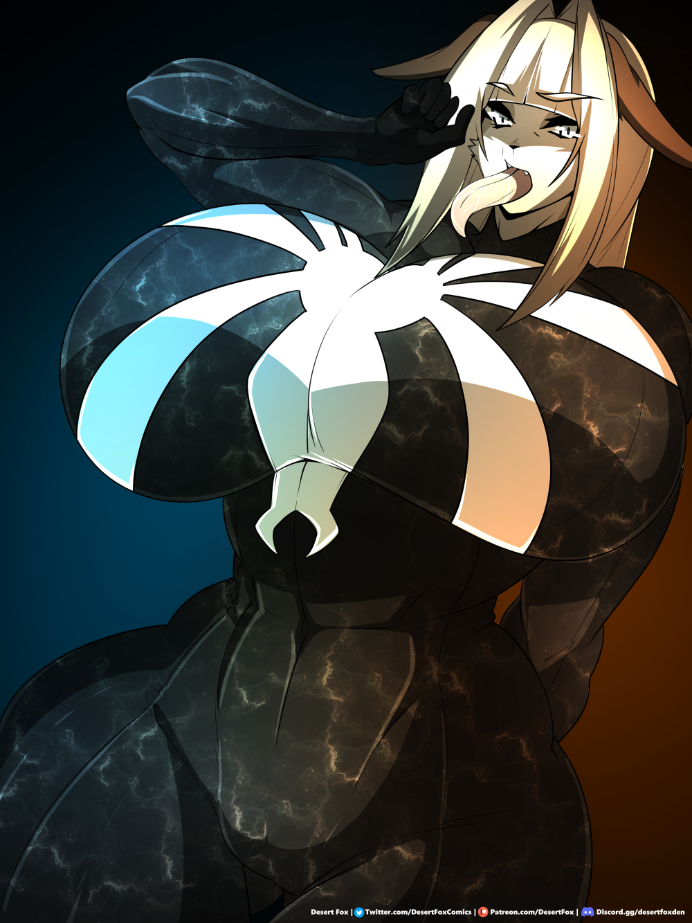 anthro big_breasts black_background black_clothing black_suit blonde_hair breasts canid canine canis clothing female hair hi_res huge_breasts logo_on_clothing long_hair looking_at_viewer mammal marvel pointed_tongue pupils sagestrike2_(artist) simple_background slit_pupils solo standing suit symbiote tight_clothing tongue tongue_out venom_(marvel) watermark wolf