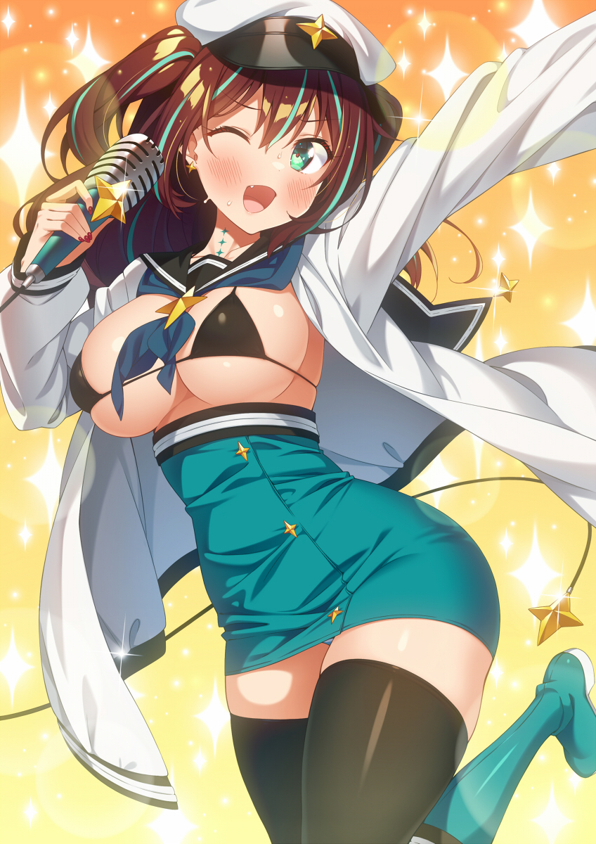 1girl akoya_matama aqua_dress aqua_footwear aqua_skirt arm_up black_bra black_thighhighs blue_hood blue_neckerchief blush bra breasts dress green_eyes hat highres holding holding_microphone kazuma_(kazumav) large_breasts loco_musica long_hair looking_at_viewer mahou_shoujo_ni_akogarete micro_bra microphone military_hat neck_tattoo neckerchief one_eye_closed sideless_dress skirt smile solo star_tattoo tattoo thighhighs underwear very_long_sleeves