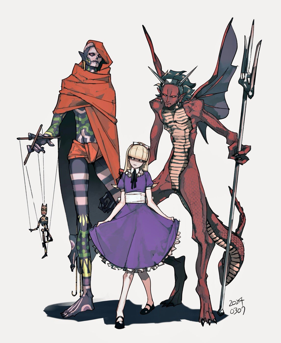 1girl 2boys alice_(megami_tensei) ballet_slippers belial_(megami_tensei) black_footwear black_hair blonde_hair blue_dress cloak closed_mouth colored_skin commentary_request demon demon_wings dress earrings eien12m full-body_tattoo highres holding holding_polearm holding_trident holding_weapon hood hooded_cloak jewelry long_hair marionette multiple_boys nebiros polearm puppet puppet_strings red_cloak red_skin shin_megami_tensei shin_megami_tensei_i standing standing_on_one_leg tail tattoo trident weapon wings yellow_eyes