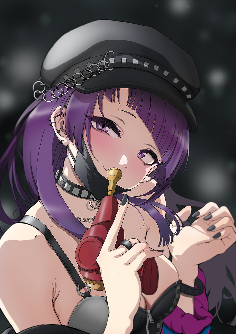 1girl armpit_crease asteria_(driftingprhp) black_headwear black_mask black_nails blunt_bangs bracelet breasts bubble_gun cabbie_hat cleavage collar diagonal_bangs ear_piercing hat highres holding holding_toy idolmaster idolmaster_shiny_colors jewelry light_blush long_hair looking_at_viewer mask mask_pull medium_breasts mouth_mask nail_polish off_shoulder piercing purple_eyes purple_hair ring single_strap smile solo studded_collar tanaka_mamimi toy upper_body