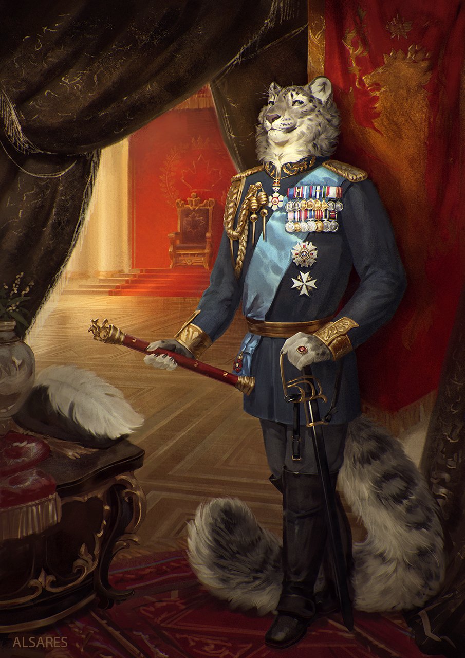 2021 5_fingers alsares anthro black_nose black_spots blue_eyes boots chair clothing detailed_background digital_media_(artwork) epaulette felid fingers footwear fur furniture grey_body grey_fur hi_res holding_object holding_sword holding_weapon inside looking_at_viewer male mammal medal melee_weapon pantherine ring smile snow_leopard solo spots spotted_body spotted_fur standing sword throne uniform weapon