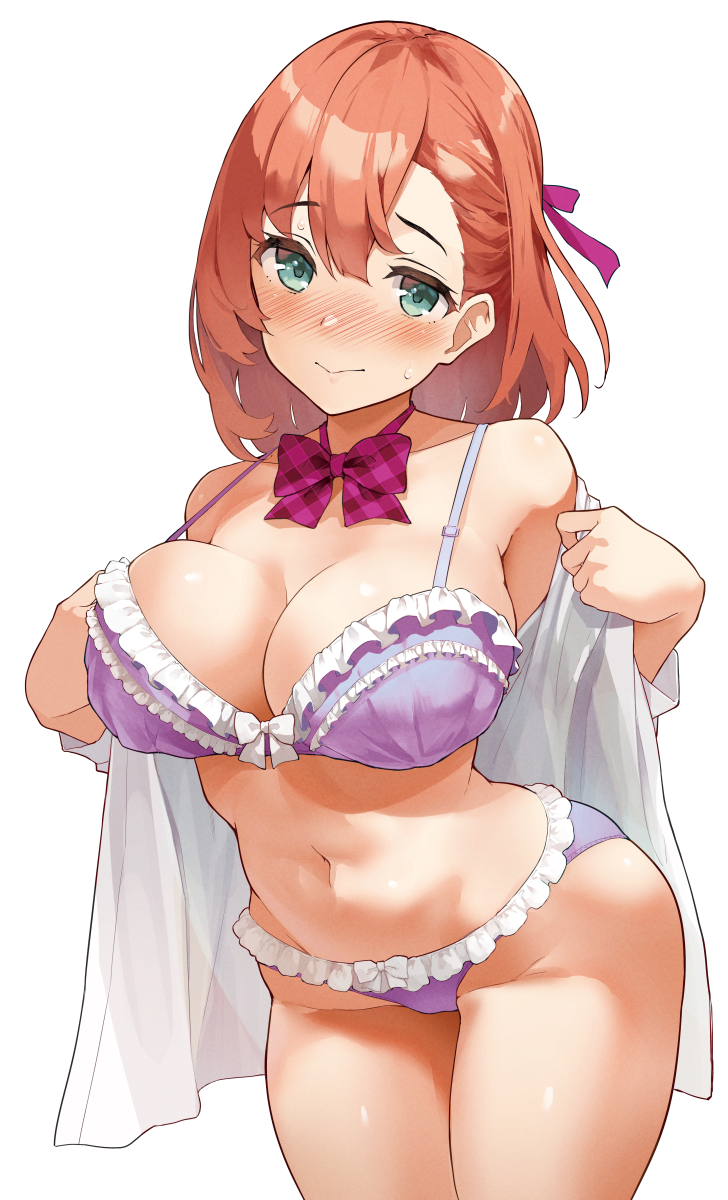 1girl aqua_eyes blush bow bow_bra bow_panties bowtie bra breasts cleavage closed_mouth collarbone commentary_request frilled_bra frilled_panties frills hair_between_eyes highres kekemotsu large_breasts long_hair looking_at_viewer medium_hair navel orange_hair original panties purple_bra purple_panties red_bow red_bowtie shirt simple_background solo standing stomach underwear white_background white_shirt