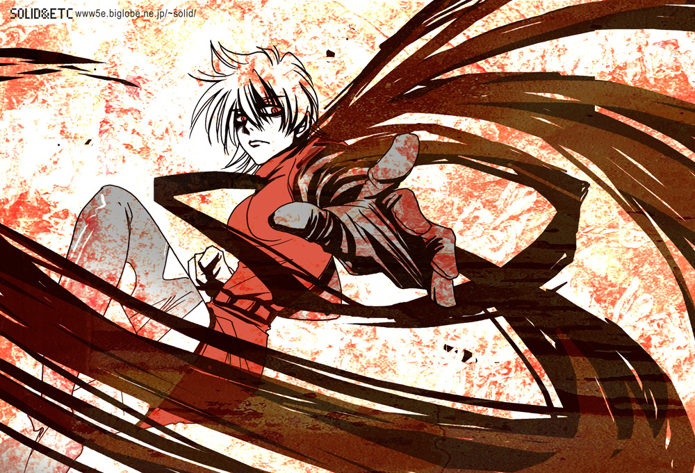 1girl artist_name breasts darkness from_side frown gloves hair_between_eyes hellsing limited_palette medium_breasts miniskirt reaching reaching_towards_viewer red_eyes red_skirt seras_victoria short_hair skirt solo thighhighs torn_clothes torn_thighhighs toshimichi_yukari web_address