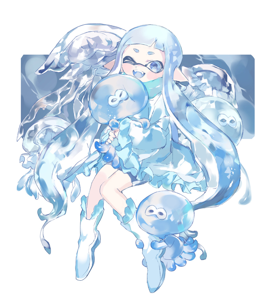 1girl :d animal_hug blue_eyes blue_hair blue_scarf boots commentary_request dress fangs frilled_dress frilled_sleeves frills full_body hugging_another's_leg inkling inkling_girl inkling_player_character jellyfish jellyfish_(splatoon) long_hair one_eye_closed open_mouth pointy_ears scarf smile splatoon_(series) teeth tentacle_hair twintails upper_teeth_only very_long_hair white_background white_dress white_footwear zzz30m