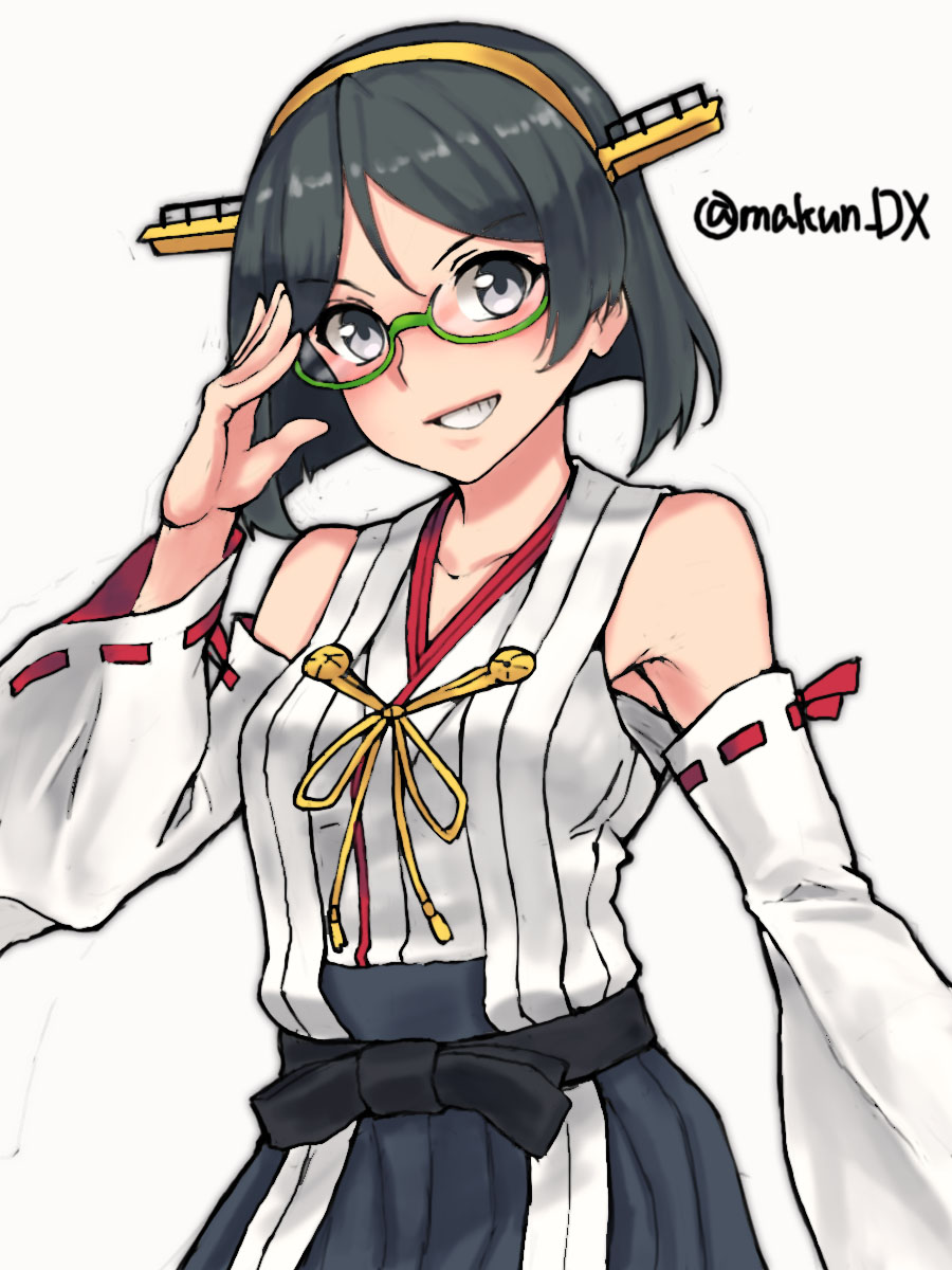 1girl adjusting_eyewear black_hair black_skirt cowboy_shot detached_sleeves glasses gold_hairband green-framed_eyewear grey_eyes grin hairband hakama hakama_skirt headgear highres japanese_clothes kantai_collection kirishima_(kancolle) maakun_(makun_dx) nontraditional_miko one-hour_drawing_challenge ribbon-trimmed_sleeves ribbon_trim short_hair simple_background skirt smile solo twitter_username white_background