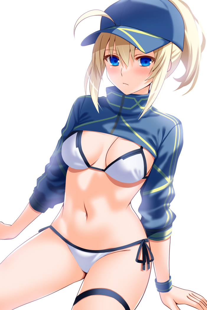 1girl ahoge artoria_pendragon_(fate) baseball_cap bikini blonde_hair blue_eyes blue_headwear blue_jacket blush breasts cleavage closed_mouth commentary_request cropped_jacket engo_(aquawatery) fate/grand_order fate_(series) hat jacket long_hair long_sleeves looking_at_viewer medium_breasts mysterious_heroine_xx_(fate) navel ponytail simple_background sitting solo stomach swimsuit white_background white_bikini