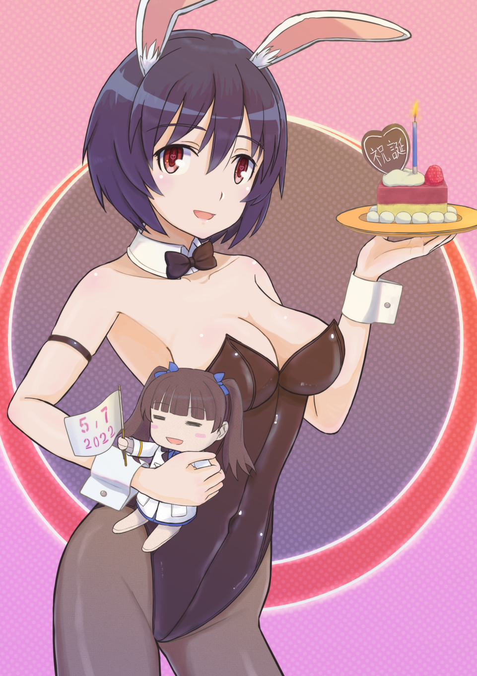 1girl animal_ears black_bow black_bowtie black_hair black_legwear black_leotard blush bow bowtie brave_witches breasts cake cleavage collarbone covered_navel food georgette_lemare highres keicha_(kmoekaki) large_breasts leotard pantyhose playboy_bunny rabbit_ears shimohara_sadako shiny shiny_hair short_hair solo stuffed_toy world_witches_series