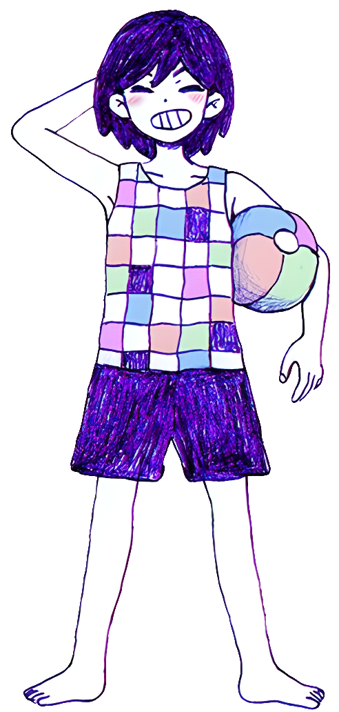 1boy arm_behind_head ball bare_arms barefoot beachball blush checkered_clothes checkered_shirt closed_eyes collarbone colored_skin full_body grin hair_behind_ear hair_between_eyes kel_(headspace)_(omori) kel_(omori) official_art omocat omori purple_hair purple_shorts shirt short_hair shorts sleeveless smile solo standing tank_top transparent_background v-shaped_eyebrows white_skin