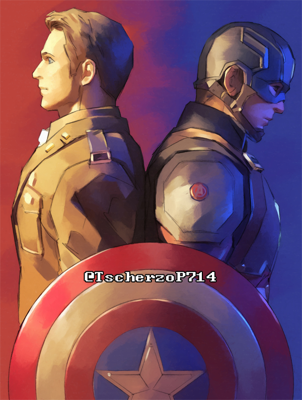 1boy belt blue_background blue_bodysuit blue_eyes bodysuit brown_belt brown_hair brown_jacket brown_shirt captain_america captain_america:_the_first_avenger captain_america_(series) closed_mouth collared_jacket collared_shirt helmet jacket long_sleeves looking_to_the_side male_focus marvel marvel_cinematic_universe military_uniform multicolored_background pocket red_background redcokk shield shirt short_hair solo standing star_(symbol) steve_rogers striped_bodysuit superhero_costume uniform