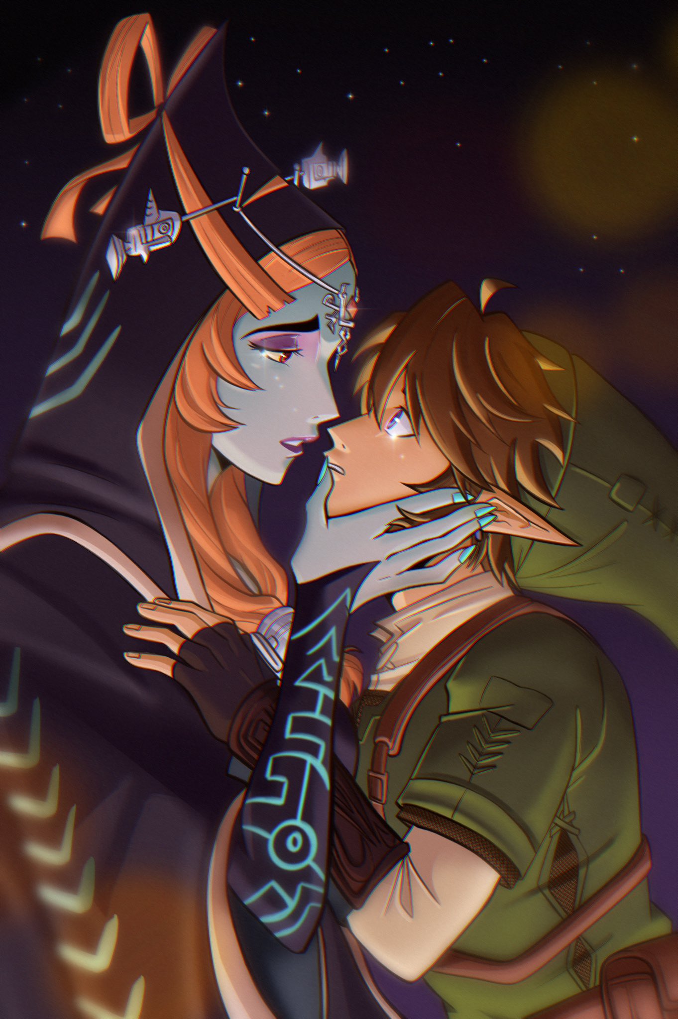 1boy 1girl brown_hair green_tunic hand_on_another's_face highres link midna midna_(true) night night_sky pichichustudio pointy_ears red_hair sky tall_female the_legend_of_zelda the_legend_of_zelda:_twilight_princess