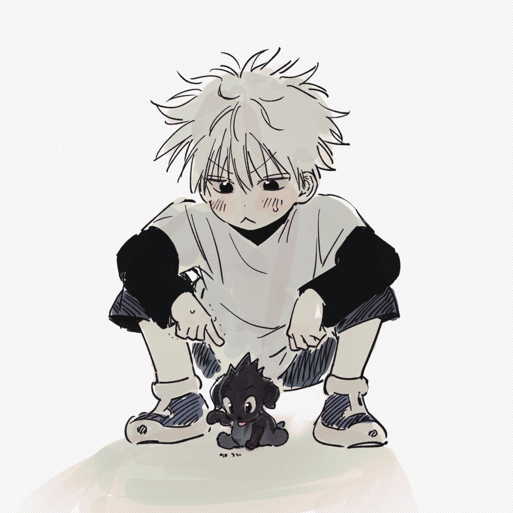 1boy :&lt; animal animalization blush dog full_body gon_freecss grey_hair hunter_x_hunter killua_zoldyck layered_sleeves long_sleeves looking_at_animal looking_down male_focus noeardog playing poking puppy shirt shoes short_hair short_over_long_sleeves short_sleeves spiked_hair squatting t-shirt trembling white_background