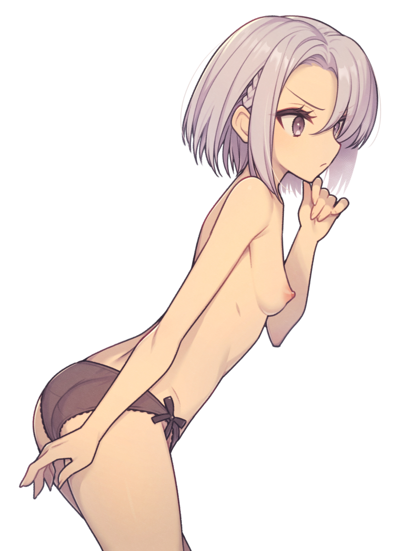 1girl ass black_panties braid breasts closed_mouth commentary_request everyntrge french_braid from_side grey_hair hand_up nipples original panties purple_eyes short_hair side-tie_panties simple_background small_breasts solo topless underwear white_background