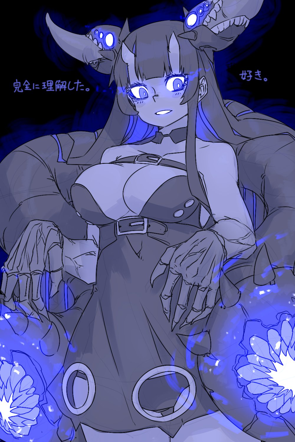 1girl abyssal_ship atoll_aircraft_carrier_anchorage_princess blush breasts cleavage clothing_cutout dress glowing glowing_eyes highres horns kantai_collection large_breasts limited_palette long_hair looking_at_viewer multicolored_hair oso_(toolate) panties sidelocks simple_background skeletal_hand solo strapless strapless_dress tongue translation_request underwear
