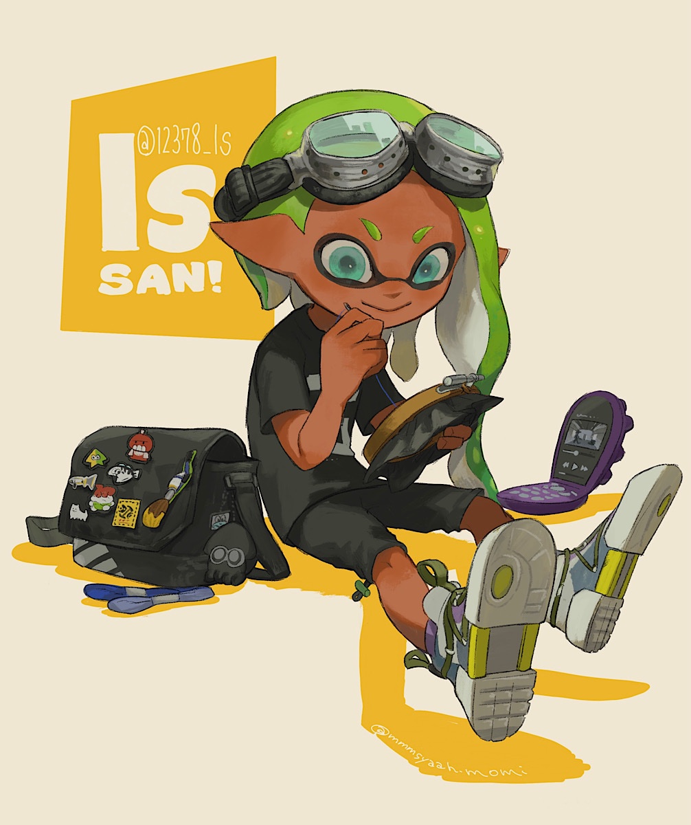 1girl black_bag black_shirt black_shorts cellphone commentary commission dark-skinned_male dark_skin full_body goggles goggles_on_head green_eyes green_hair highres inkling inkling_girl inkling_player_character long_hair phone pointy_ears print_shirt shirt shorts simple_background sitting solo splatoon_(series) splatoon_3 sticker tentacle_hair totocosakana white_background