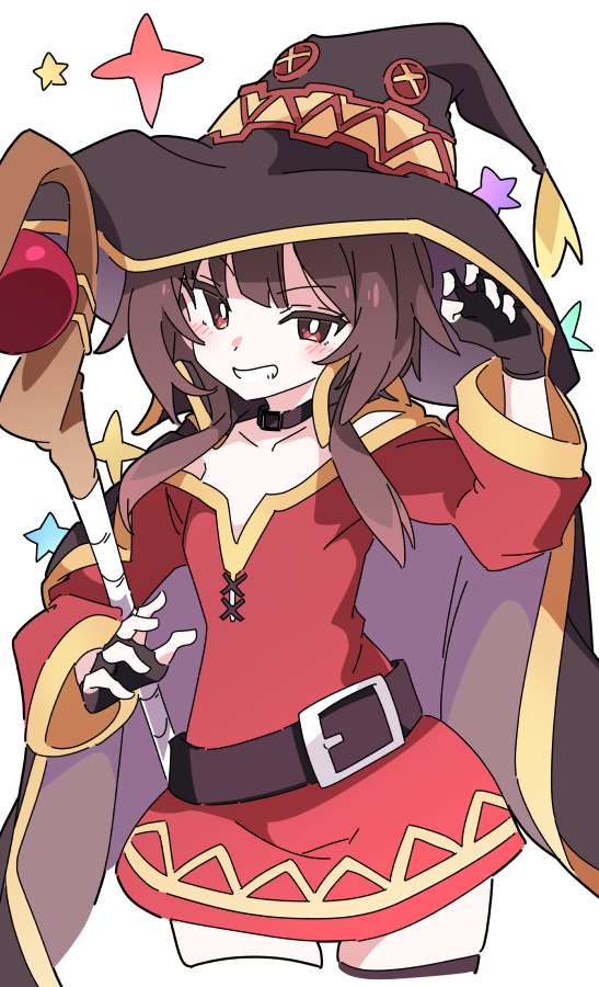 1girl belt black_belt black_hat blush bright_pupils brown_hair clenched_teeth collarbone commentary_request fingerless_gloves gloves hat holding holding_staff ixy kono_subarashii_sekai_ni_shukufuku_wo! long_sleeves looking_at_viewer mage_staff megumin red_eyes red_shirt shirt short_hair_with_long_locks simple_background smile solo staff teeth white_background white_pupils witch_hat