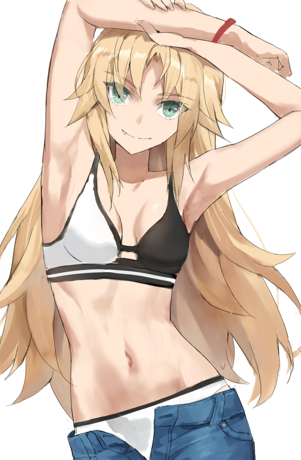 1girl armpits arms_up blonde_hair bra breasts denim fate/apocrypha fate_(series) green_eyes highres jeans long_hair looking_at_viewer mordred_(fate) mordred_(fate/apocrypha) navel pants parted_bangs sidelocks small_breasts smile solo tonee underwear