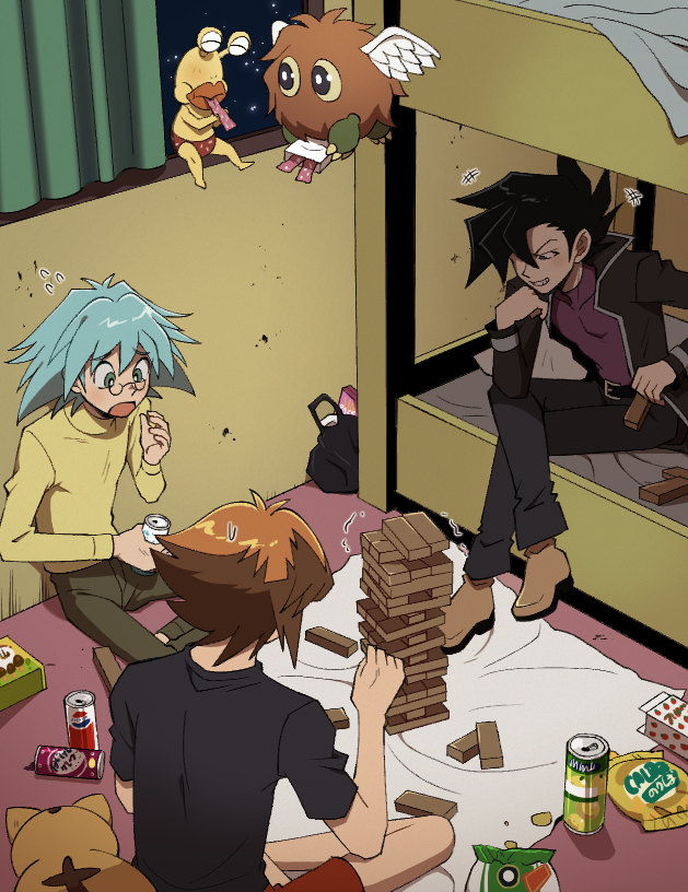 3boys bedroom brown_hair can chips_(food) dorm duel_academy_uniform_(yu-gi-oh!_gx) duel_monster flying_sweatdrops food hair_between_eyes long_sleeves male_focus manjoume_jun marufuji_sho multicolored_hair multiple_boys ojama_yellow p5naq_pv pharaoh_(cat) playing_games potato_chips short_hair shorts sitting two-tone_hair winged_kuriboh yu-gi-oh! yu-gi-oh!_gx yuki_judai