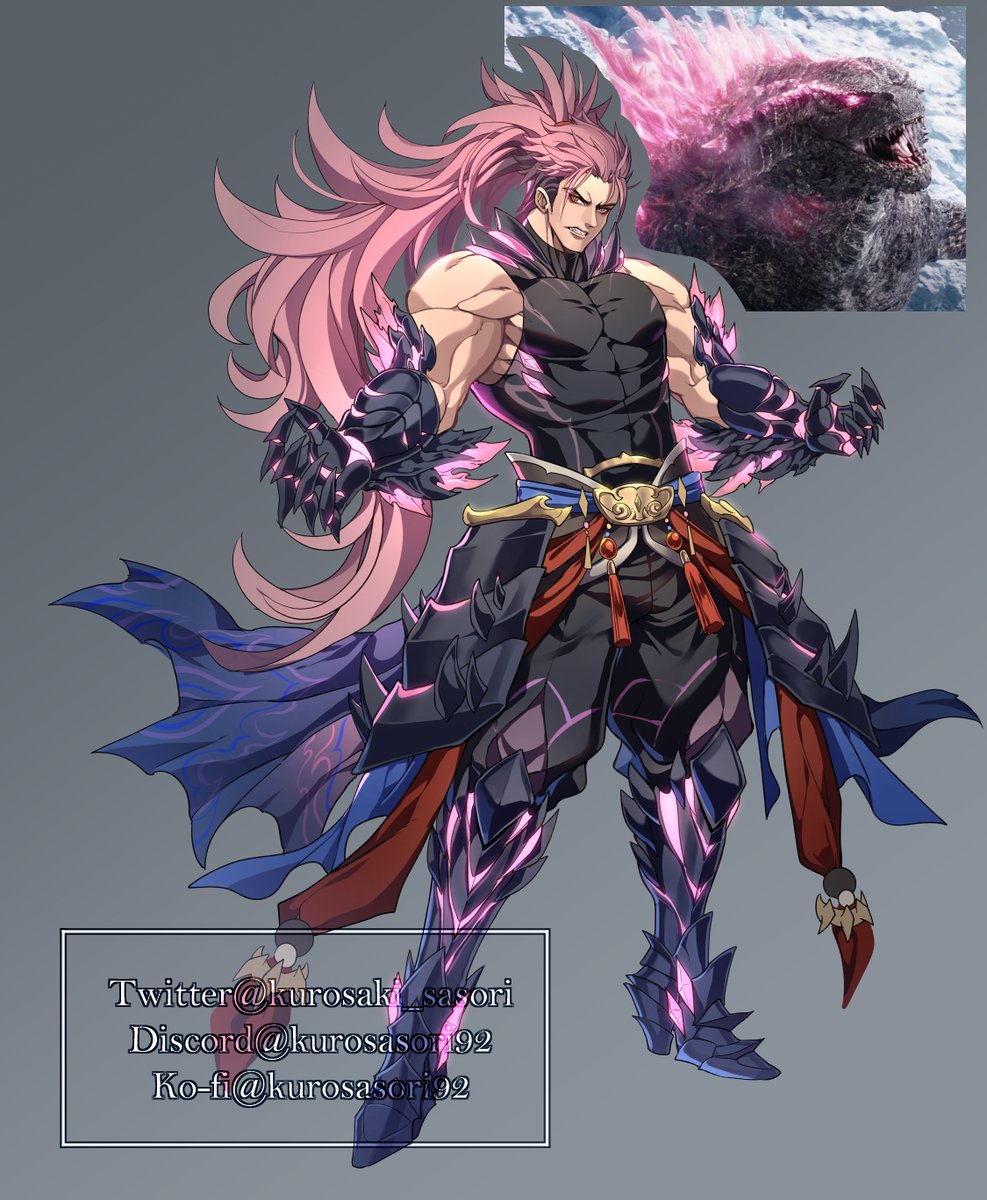 1boy boots capelet clawed_gauntlets creature_and_personification elbow_spikes glowing glowing_hand godzilla godzilla_(monsterverse) godzilla_(series) godzilla_evolved godzilla_x_kong:_the_new_empire highres kurosaki_sasori long_hair monsterverse muscular muscular_male personification pink_hair ponytail red_eyes very_long_hair