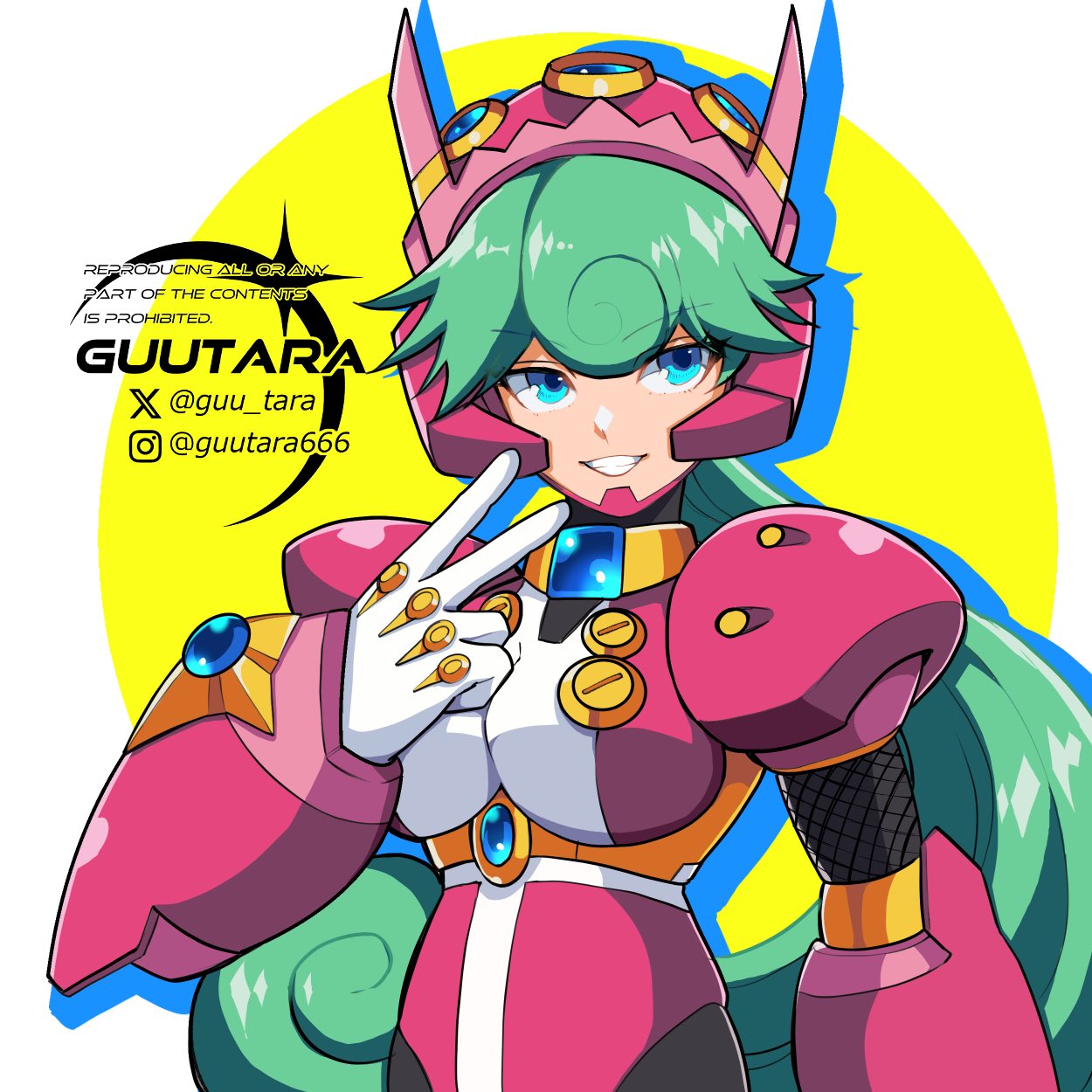 1girl android armor artist_logo artist_name blue_eyes breasts green_hair guutara helmet highres instagram_logo instagram_username leotard long_hair marino_(mega_man) medium_breasts mega_man_(series) mega_man_x:_command_mission mega_man_x_(series) ninja pink_armor pink_helmet pink_leotard robot_girl shoulder_armor smile twitter_logo twitter_username upper_body v white_background