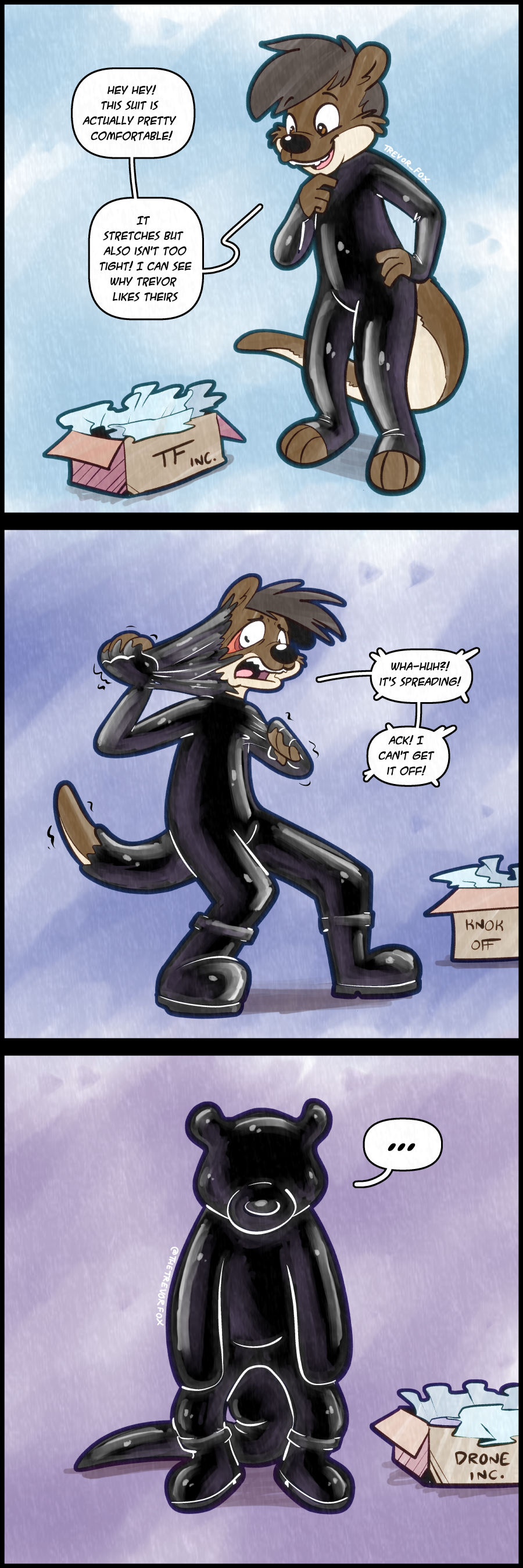 absurd_res anthro box cardboard cardboard_box clothing container dialogue drone dronification faceless_character faceless_male hi_res horror_(theme) latex latex_clothing latex_skinsuit male mammal mustelid otter skinsuit speech_bubble text tight_clothing transformation trevor-fox