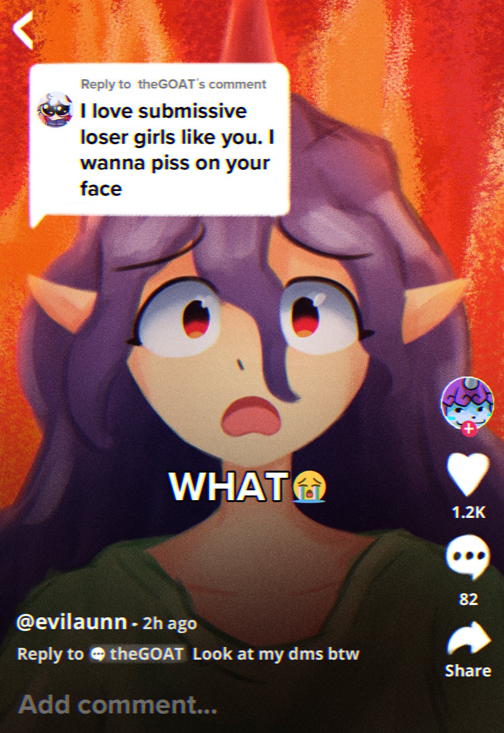 1girl baggy_clothes collarbone d: emoji english_commentary english_text fake_phone_screenshot fake_screenshot green_shirt hair_between_eyes highres horns komano_aunn komano_aunn_(komainu) lad_der long_hair looking_at_viewer open_mouth pointy_ears purple_hair red_background red_eyes red_horns shirt single_horn tenkajin_chiyari tiktok touhou toutetsu_yuuma