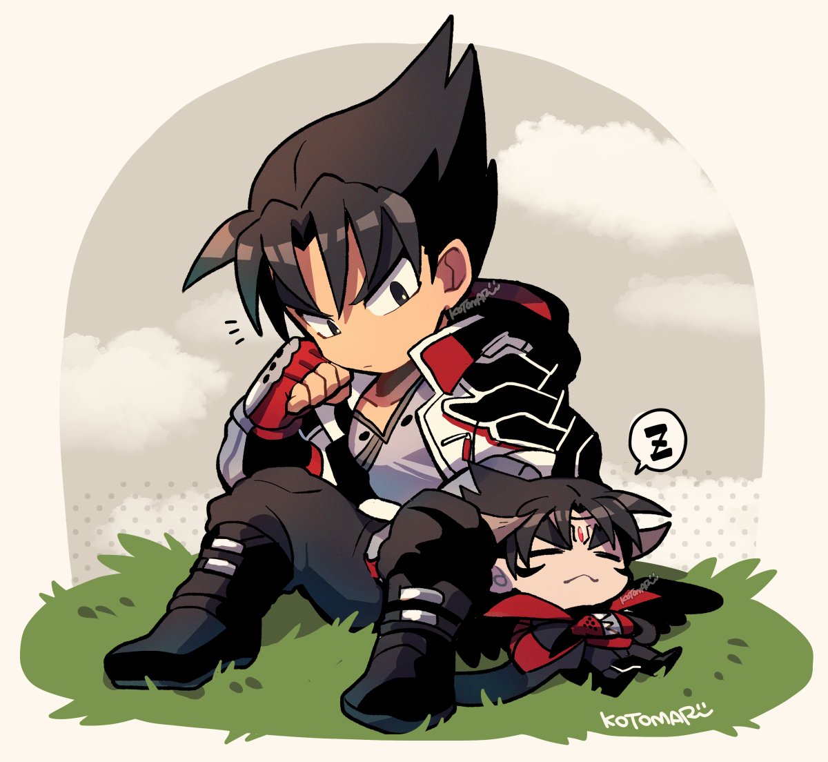 2boys black_footwear black_hair chibi chibi_only closed_mouth cloud collarbone commentary devil_jin dual_persona fingerless_gloves full_body gloves grey_shirt kazama_jin kotorai long_sleeves male_focus multiple_boys no_nose on_grass outdoors red_gloves shirt signature sitting size_difference sleeping spoken_zzz studded_gloves symbol-only_commentary tekken thick_eyebrows zzz