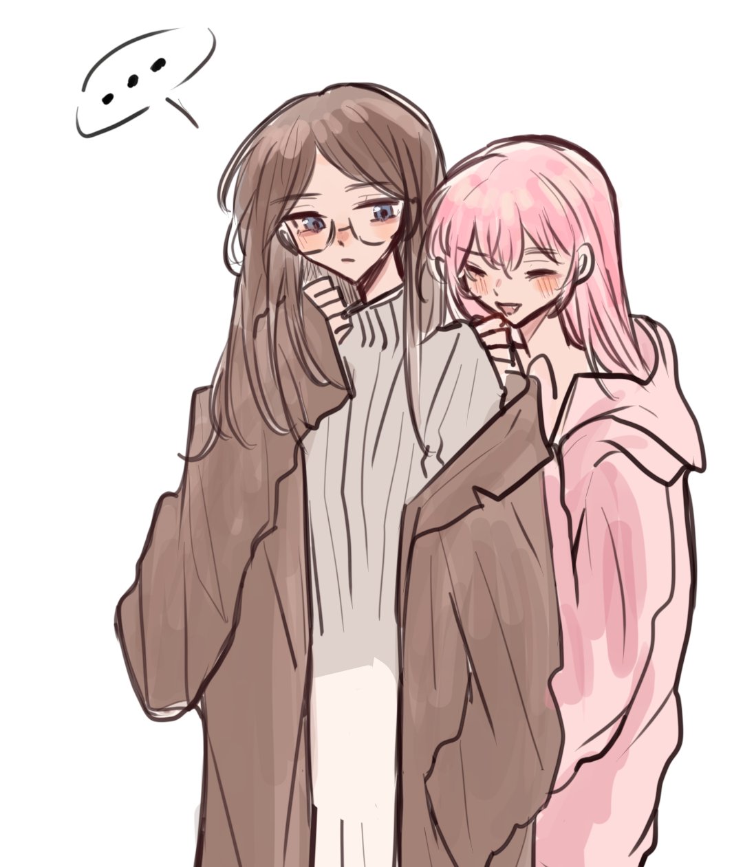 ... 2girls 4711_(xx) bang_dream! bang_dream!_it's_mygo!!!!! bespectacled blue_eyes blush brown_coat brown_hair chihaya_anon closed_eyes closed_mouth coat commentary cowboy_shot fang glasses grey_sweater hashtag-only_commentary highres hood hood_down hooded_jacket jacket long_hair multiple_girls nagasaki_soyo open_clothes open_coat open_mouth pink_hair pink_jacket sidelocks simple_background single_off_shoulder spoken_ellipsis sweater white_background