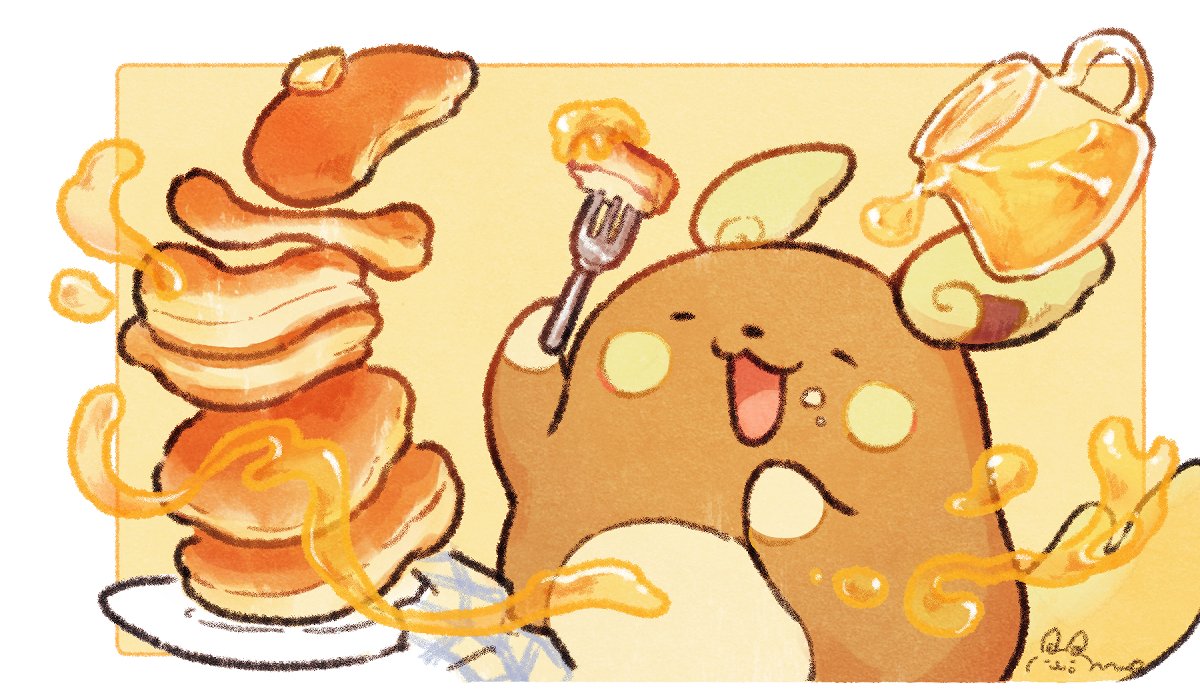 :3 alolan_raichu animal_focus arms_up butter closed_eyes drawingnaho eating floating floating_object food food_on_face fork happy holding holding_fork honey korean_commentary no_humans open_mouth outside_border pancake pancake_stack plate pokemon pouring signature solo yellow_background yellow_theme