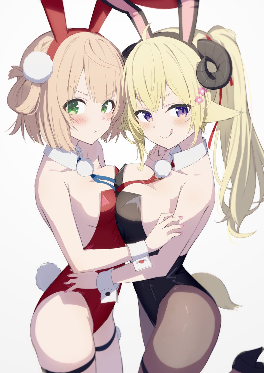 2girls :p ahoge alternate_costume animal_ear_hairband animal_ears armpit_crease asymmetrical_docking bare_shoulders black_footwear blonde_hair blue_ribbon blush breast_press breasts brown_pantyhose cleavage closed_mouth collarbone commentary_request cowboy_shot detached_collar dot_nose embarrassed eyes_visible_through_hair fake_animal_ears flower foot_up from_side gotyou green_eyes hair_flower hair_ornament hair_ribbon hairband hand_on_another's_arm hand_on_another's_waist high_heels highres hololive horns indie_virtual_youtuber large_breasts light_brown_hair long_hair looking_at_viewer medium_breasts multiple_girls pantyhose parted_bangs playboy_bunny pout purple_eyes rabbit_ears rabbit_tail red_ribbon ribbon sheep_ears sheep_horns sheep_tail shigure_ui_(vtuber) short_hair side_ponytail sideboob sidelocks sideways_glance simple_background single_hair_ring smile tail thick_eyelashes thigh_strap thighs tongue tongue_out tsunomaki_watame v-shaped_eyebrows white_background white_wrist_cuffs wrist_cuffs