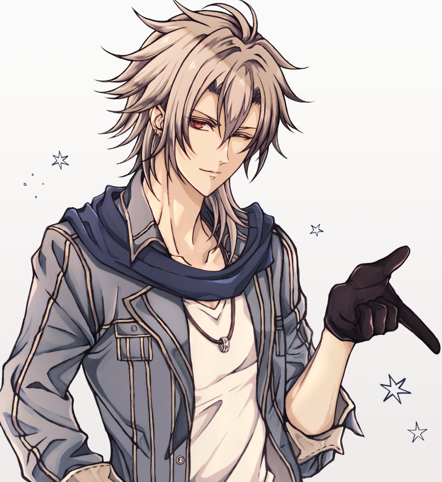 1boy ahoge black_gloves coat crow_armbrust double-parted_bangs eiyuu_densetsu gloves hair_between_eyes jewelry looking_at_viewer male_focus mullet necklace one_eye_closed red_eyes ring ring_necklace scarf sen_no_kiseki simple_background solo star_(symbol) upper_body white_background white_hair yukiko_(leovioykk)