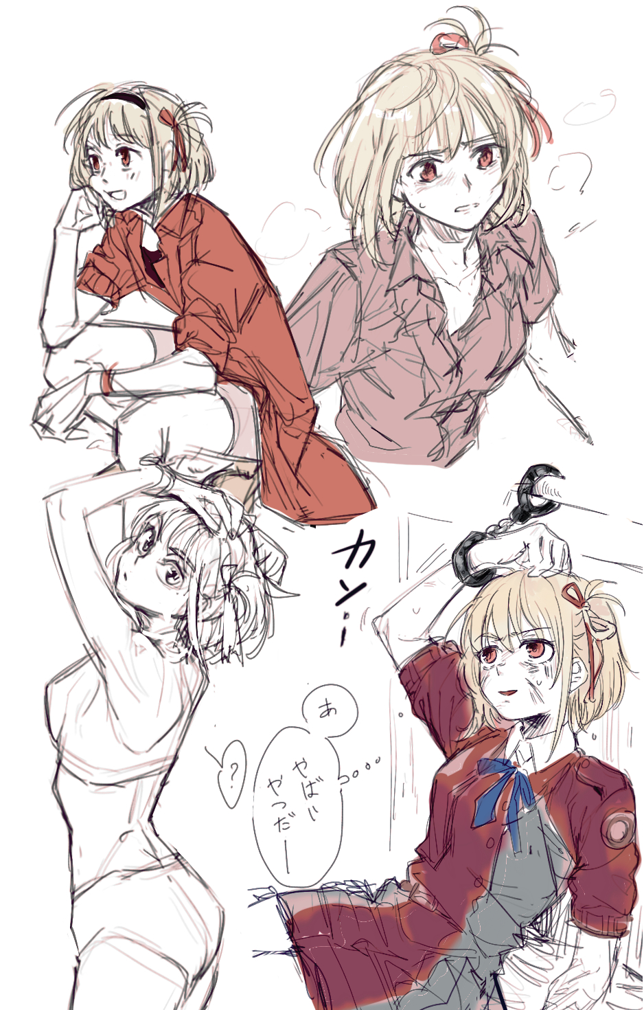 1girl blonde_hair blue_ribbon bound bruise bruise_on_face commentary cuffs dress hair_ribbon handcuffs highres injury jacket koyomania lycoris_recoil lycoris_uniform medium_hair multiple_views neck_ribbon nishikigi_chisato one_side_up open_mouth panties parted_lips red_dress red_eyes red_jacket red_ribbon red_shirt ribbon shirt simple_background smile sports_bra sweatdrop thought_bubble tied_up_(nonsexual) translation_request underwear white_background