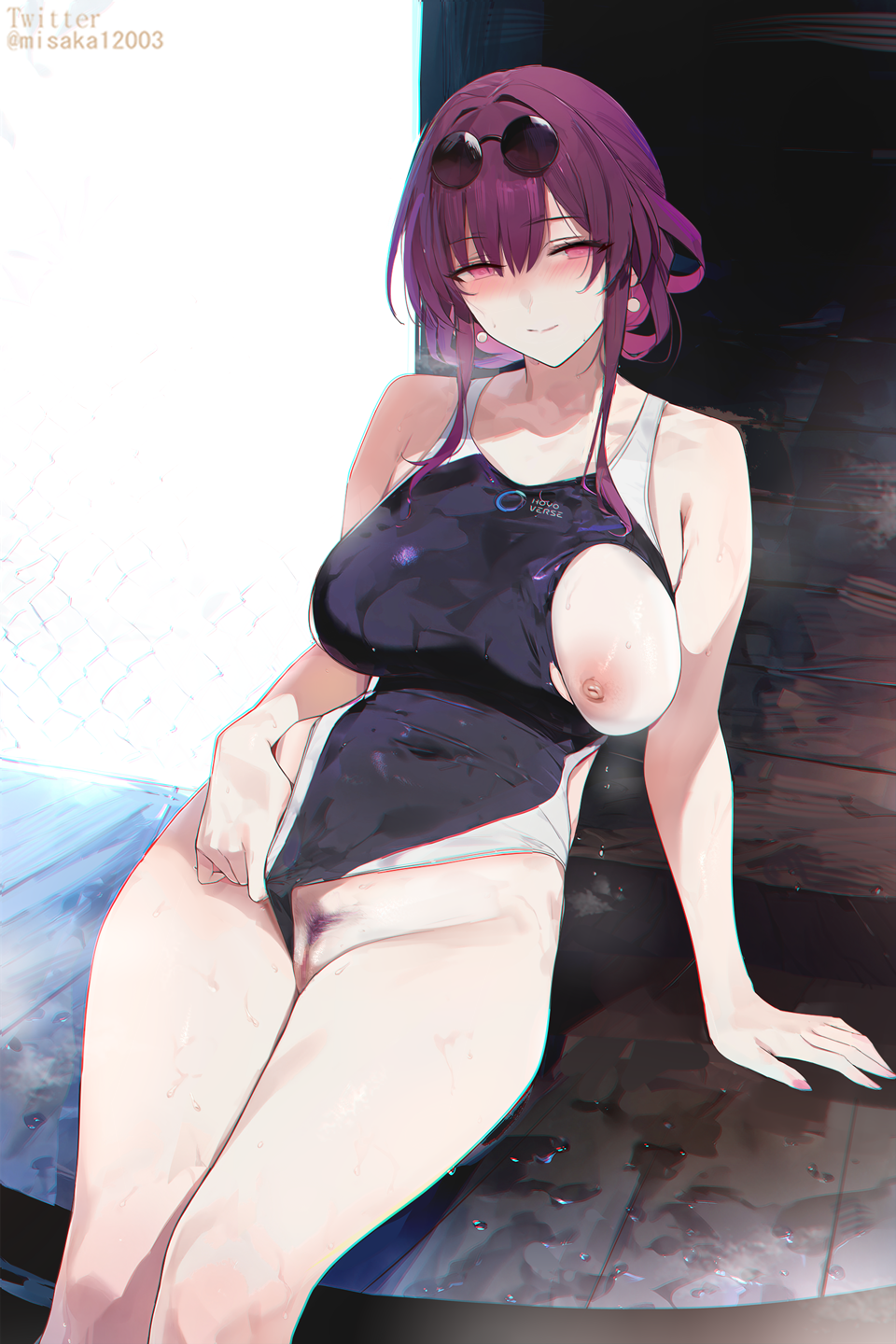 1girl alternate_costume bare_arms bare_shoulders black_one-piece_swimsuit blush breasts closed_mouth clothing_aside covered_navel eyewear_on_head female_pubic_hair highres honkai:_star_rail honkai_(series) kafka_(honkai:_star_rail) large_breasts looking_at_viewer misaka_12003-gou nipples one-piece_swimsuit pince-nez pubic_hair purple_eyes purple_hair pussy smile solo sunglasses swimsuit swimsuit_aside thighs wet