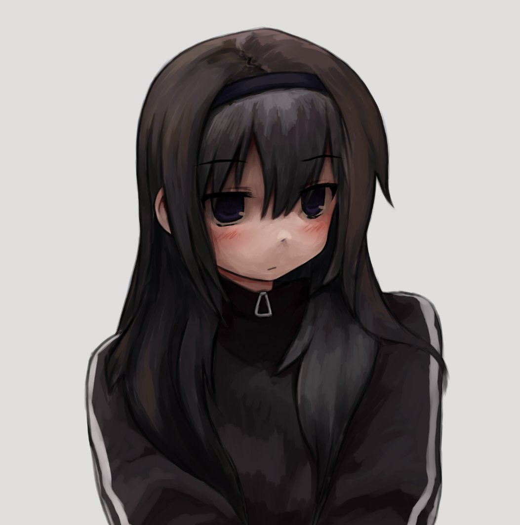 1girl akemi_homura black_eyes black_hair black_hairband black_jacket blush close-up closed_mouth commentary double_vertical_stripe english_commentary expressionless hair_between_eyes hairband jacket long_hair long_sleeves looking_at_viewer mahou_shoujo_madoka_magica portrait simple_background solo track_jacket upper_body white_background zipper_pull_tab zoolpal