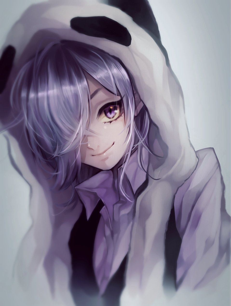 1boy androgynous black_vest closed_mouth collared_shirt eyelashes grey_background hair_over_one_eye headwear_with_attached_mittens highres inga long_sleeves looking_at_viewer male_focus nini_tlac panda_hat purple_eyes purple_shirt realistic shirt short_hair smile solo un-go upper_body vest